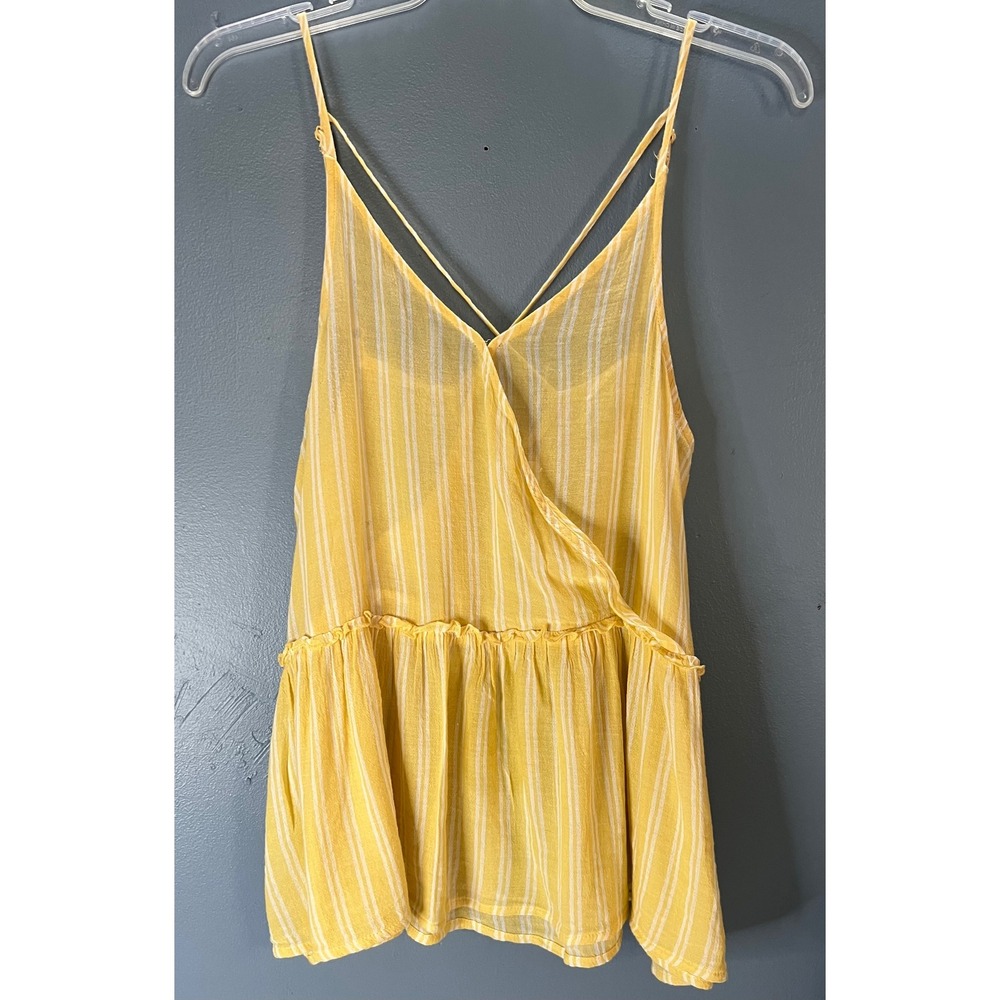 AE Striped Tank Top Womens Large Yellow White Crisscross Back Peplum Cami
